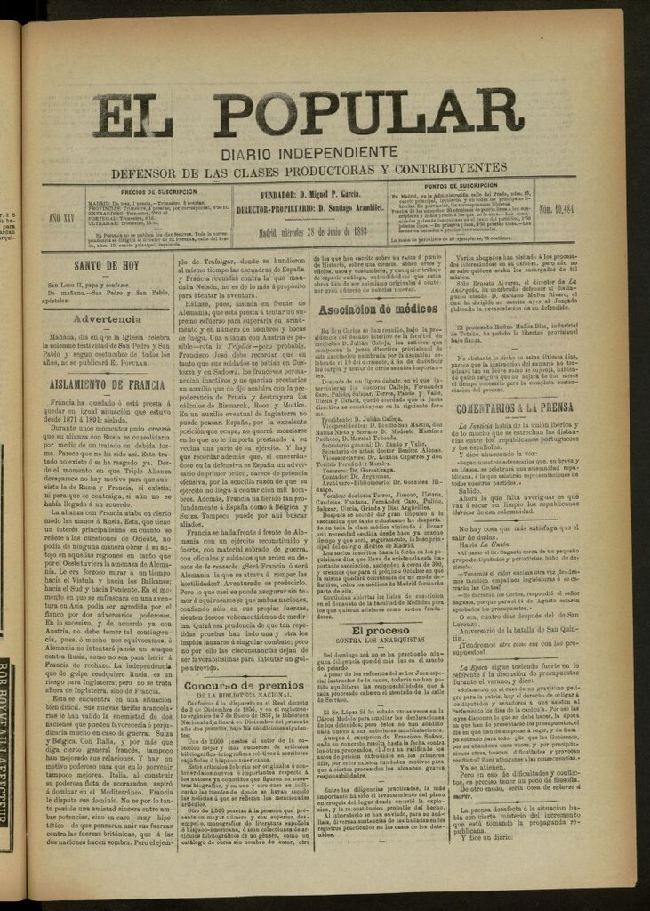 Miniatura de El Popular: diario independiente, político, literario y de noticias de interés general del 28 de junio de 1893, nº 10484