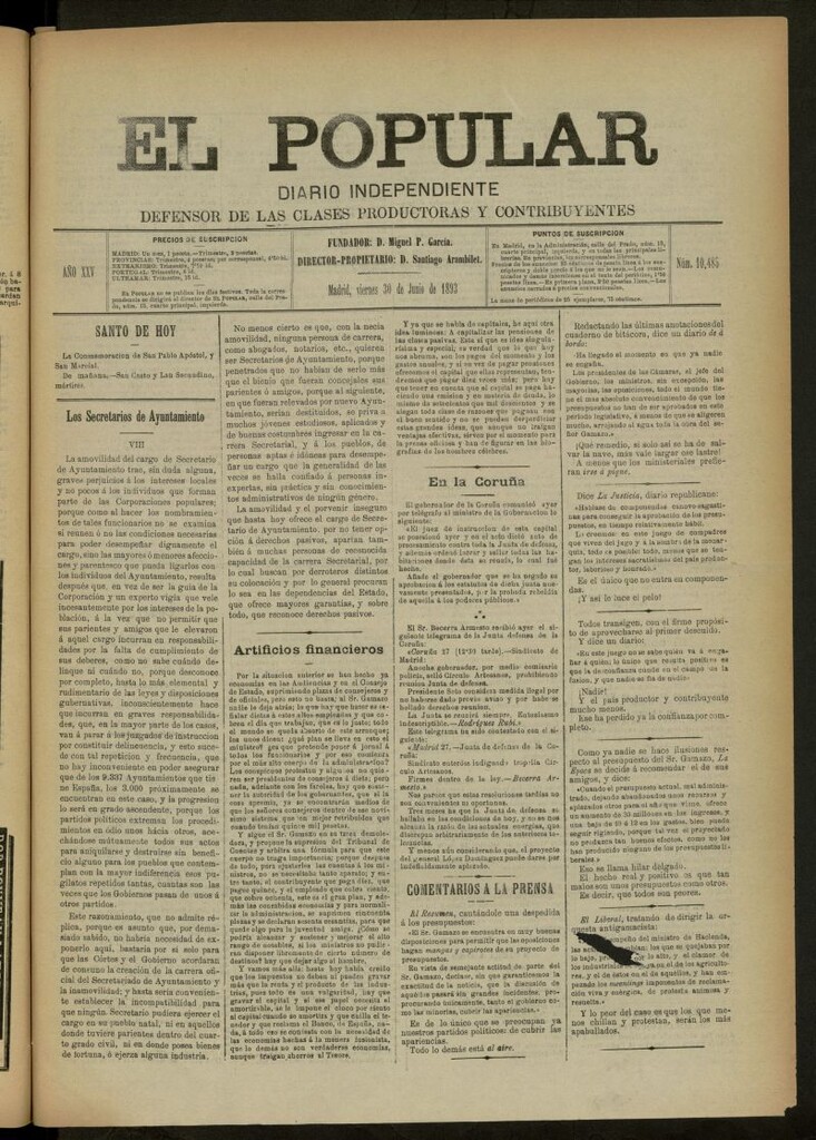Miniatura de El Popular: diario independiente, político, literario y de noticias de interés general del 30 de junio de 1893, nº 10485