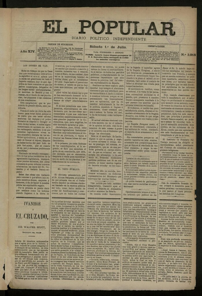 Miniatura de El Popular: diario independiente, político, literario y de noticias de interés general del 1 de julio de 1882, nº 3918