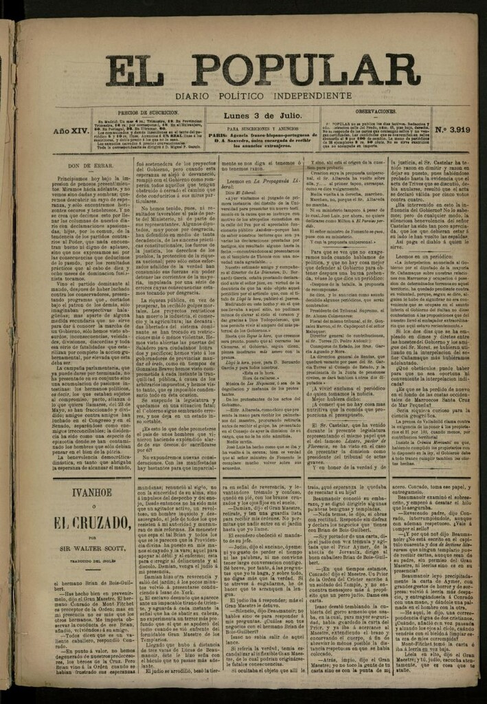 Miniatura de El Popular: diario independiente, político, literario y de noticias de interés general del 3 de julio de 1882, nº 3919