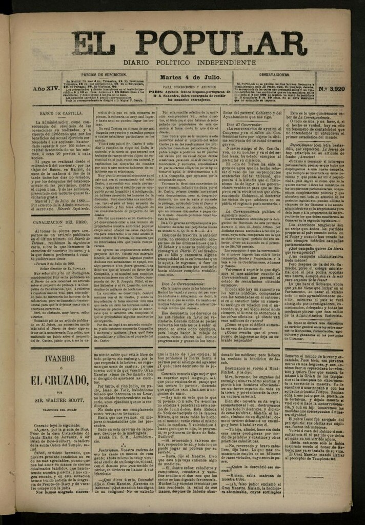 Miniatura de El Popular: diario independiente, político, literario y de noticias de interés general del 4 de julio de 1882, nº 3920