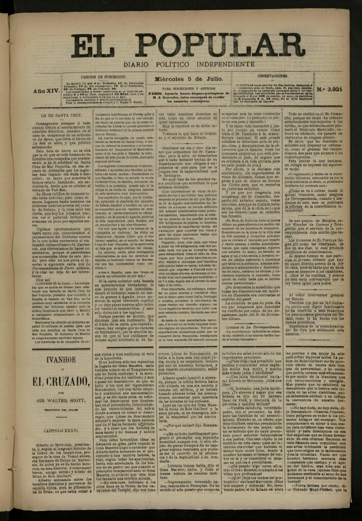 Miniatura de El Popular: diario independiente, político, literario y de noticias de interés general del 5 de julio de 1882, nº 3921