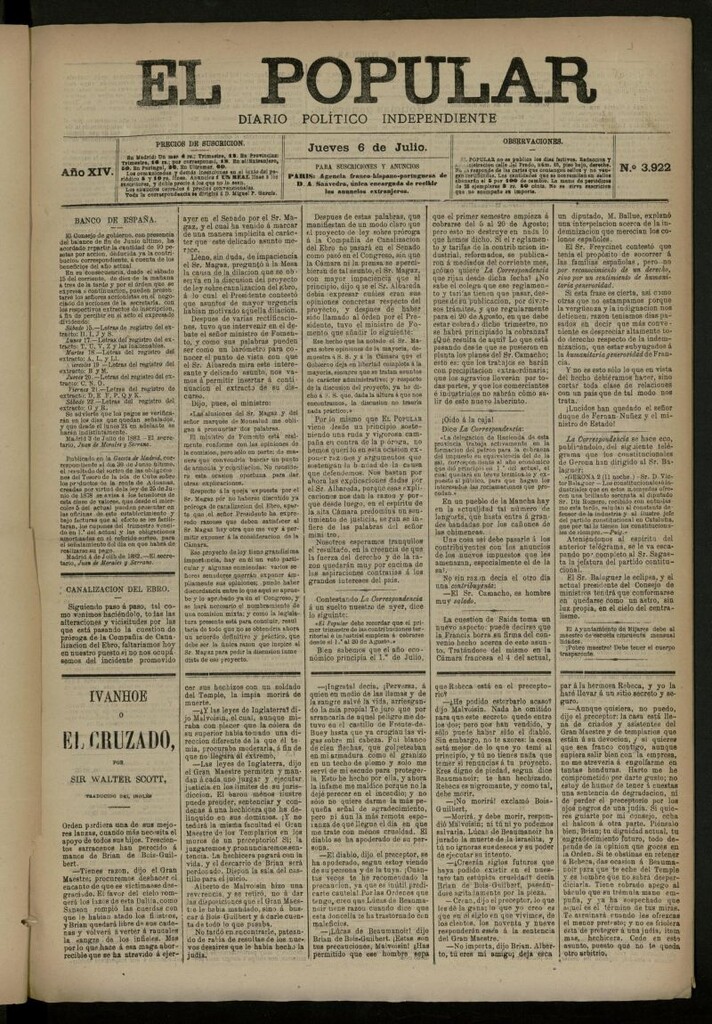 Miniatura de El Popular: diario independiente, político, literario y de noticias de interés general del 6 de julio de 1882, nº 3922