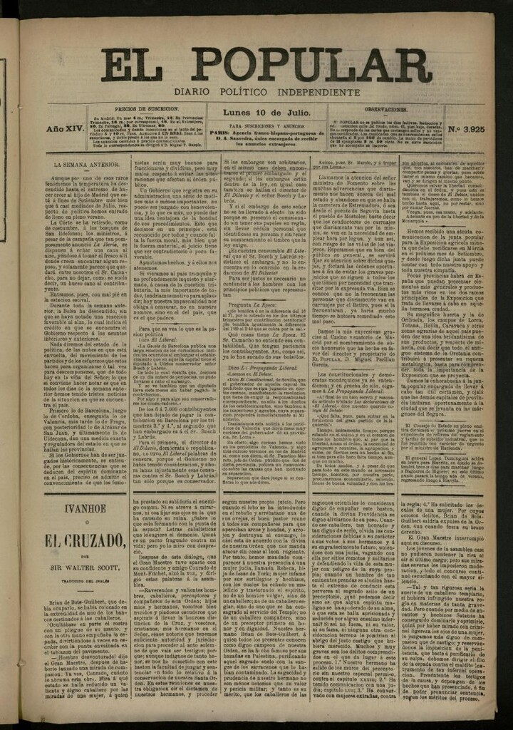 Miniatura de El Popular: diario independiente, político, literario y de noticias de interés general del 10 de julio de 1882, nº 3925