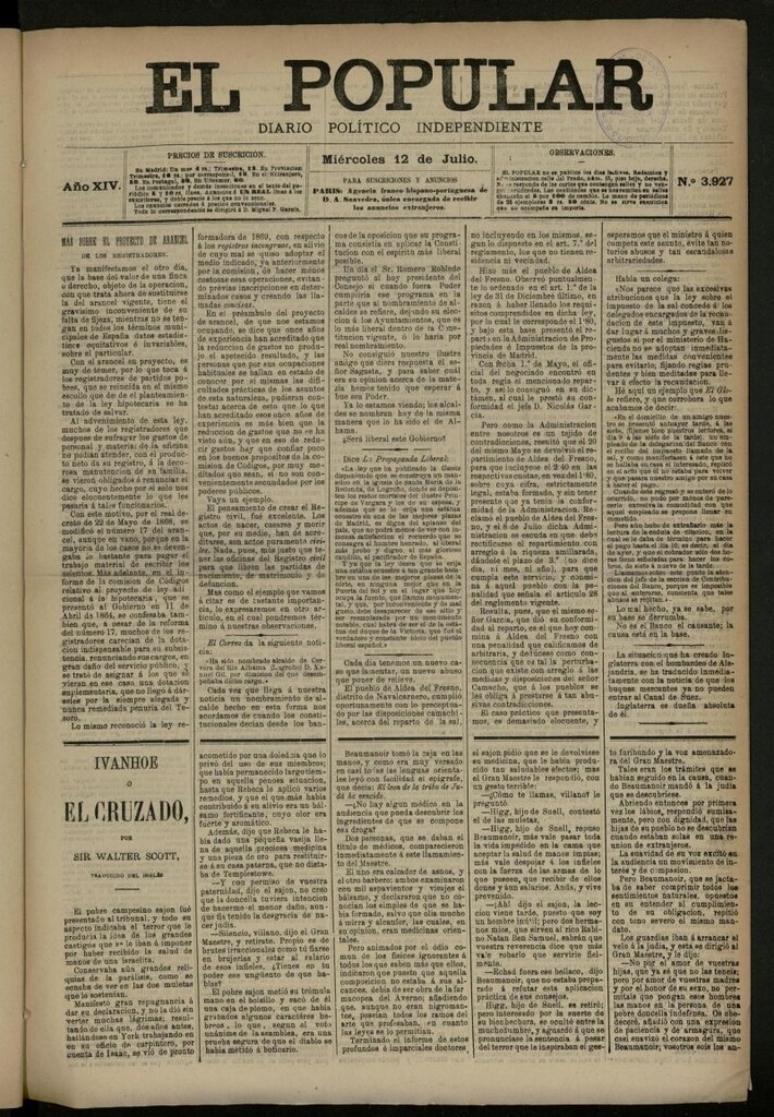 Miniatura de El Popular: diario independiente, político, literario y de noticias de interés general del 12 de julio de 1882, nº 3927