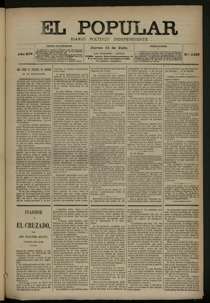 Miniatura de El Popular: diario independiente, político, literario y de noticias de interés general del 13 de julio de 1882, nº 3928