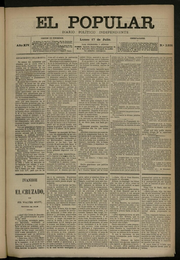 Miniatura de El Popular: diario independiente, político, literario y de noticias de interés general del 17 de julio de 1882, nº 3931