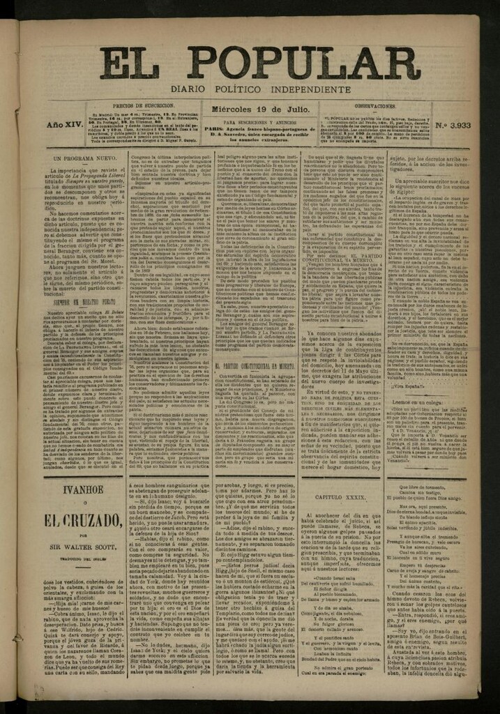 Miniatura de El Popular: diario independiente, político, literario y de noticias de interés general del 19 de julio de 1882, nº 3933
