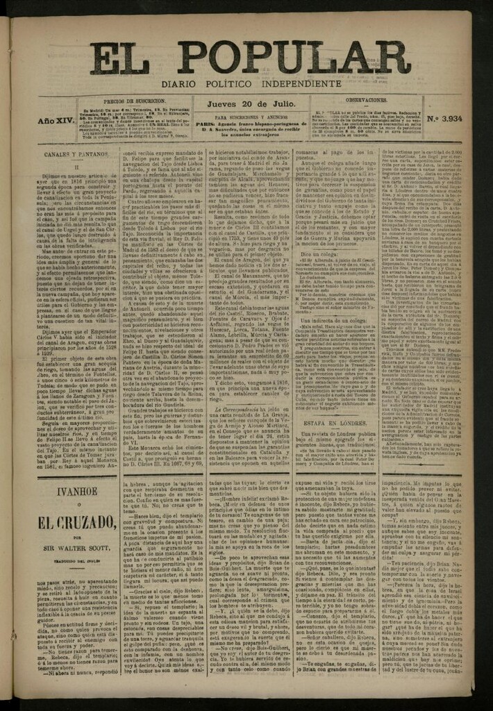 Miniatura de El Popular: diario independiente, político, literario y de noticias de interés general del 20 de julio de 1882, nº 3934