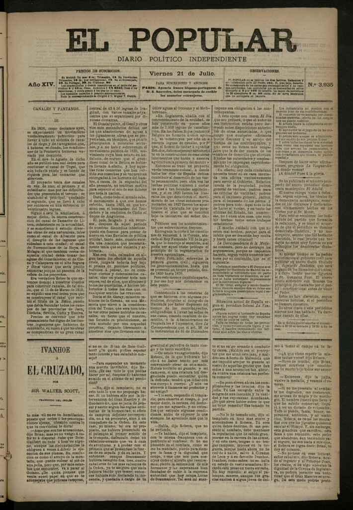 Miniatura de El Popular: diario independiente, político, literario y de noticias de interés general del 21 de julio de 1882, nº 3935