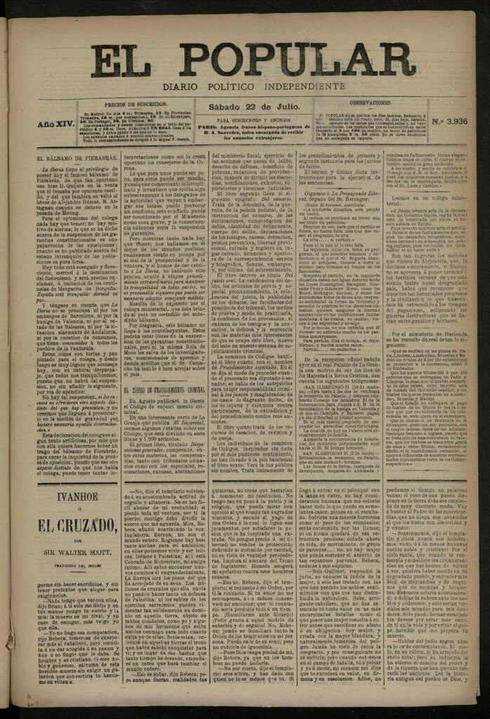 Miniatura de El Popular: diario independiente, político, literario y de noticias de interés general del 22 de julio de 1882, nº 3936