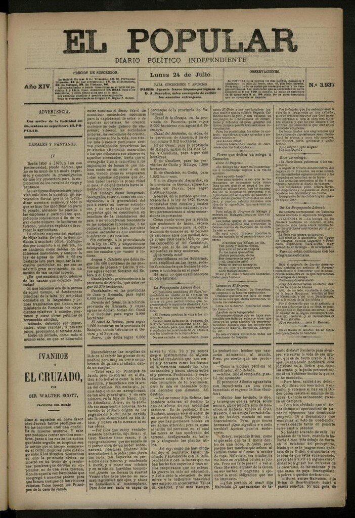 Miniatura de El Popular: diario independiente, político, literario y de noticias de interés general del 24 de julio de 1882, nº 3937