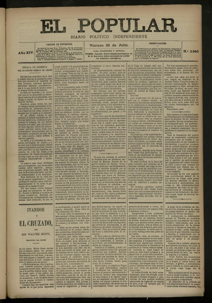 Miniatura de El Popular: diario independiente, político, literario y de noticias de interés general del 28 de julio de 1882, nº 3940
