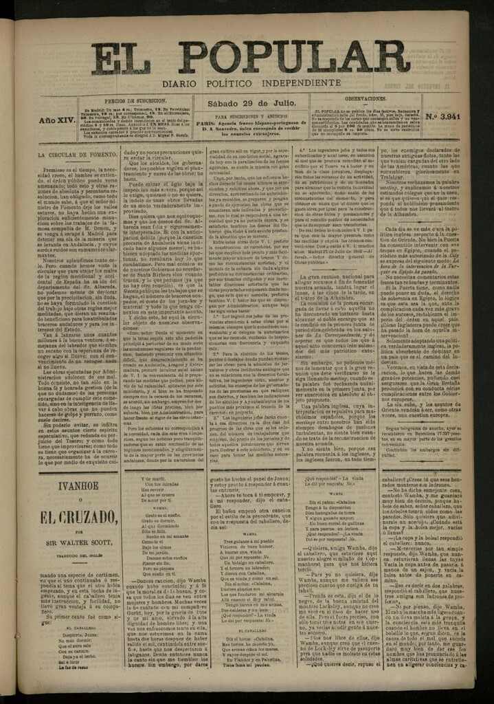 Miniatura de El Popular: diario independiente, político, literario y de noticias de interés general del 29 de julio de 1882, nº 3941
