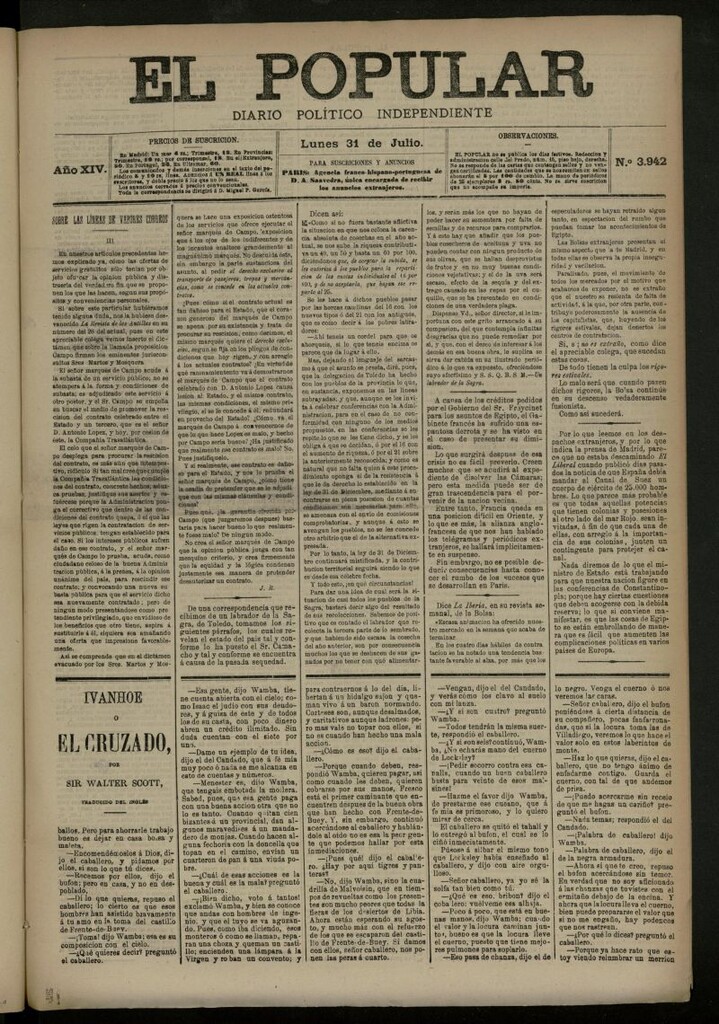 Miniatura de El Popular: diario independiente, político, literario y de noticias de interés general del 31 de julio de 1882, nº 3942