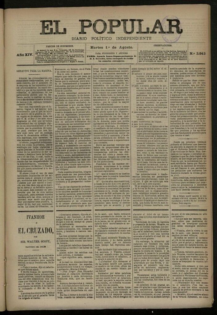 Miniatura de El Popular: diario independiente, político, literario y de noticias de interés general del 1 de agosto de 1882, nº 3943