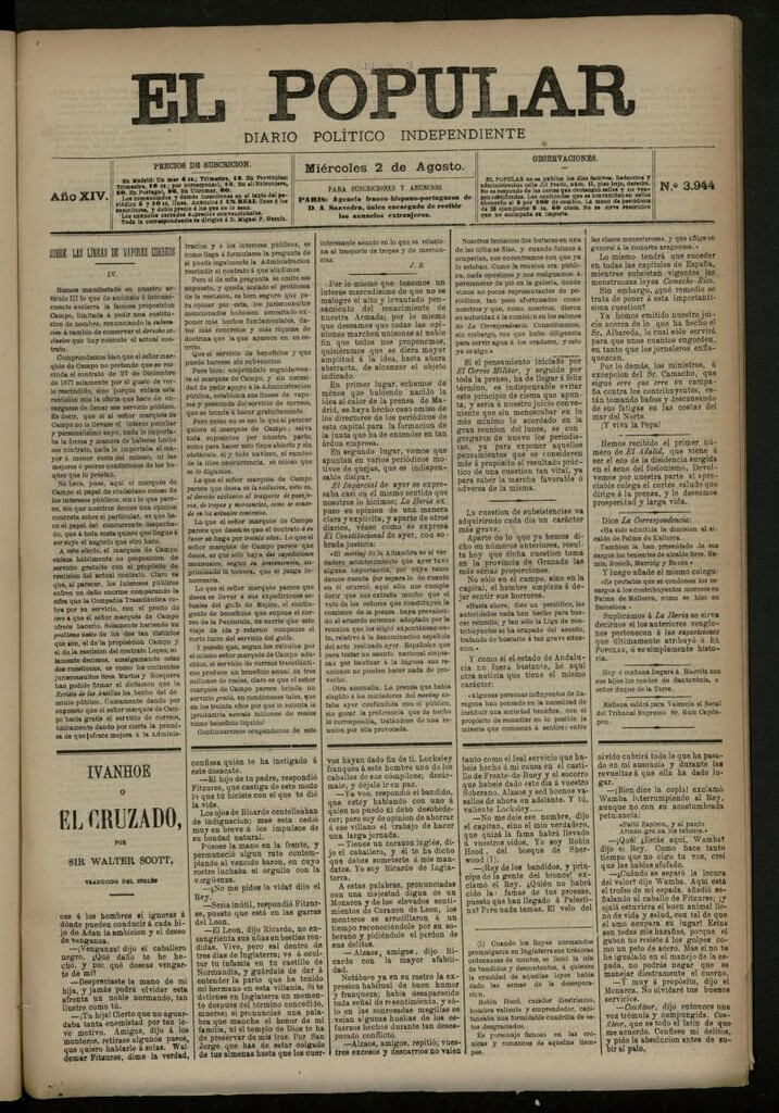 Miniatura de El Popular: diario independiente, político, literario y de noticias de interés general del 2 de agosto de 1882, nº 3944
