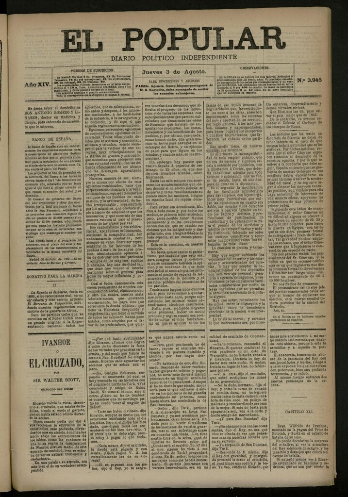 Miniatura de El Popular: diario independiente, político, literario y de noticias de interés general del 3 de agosto de 1882, nº 3945