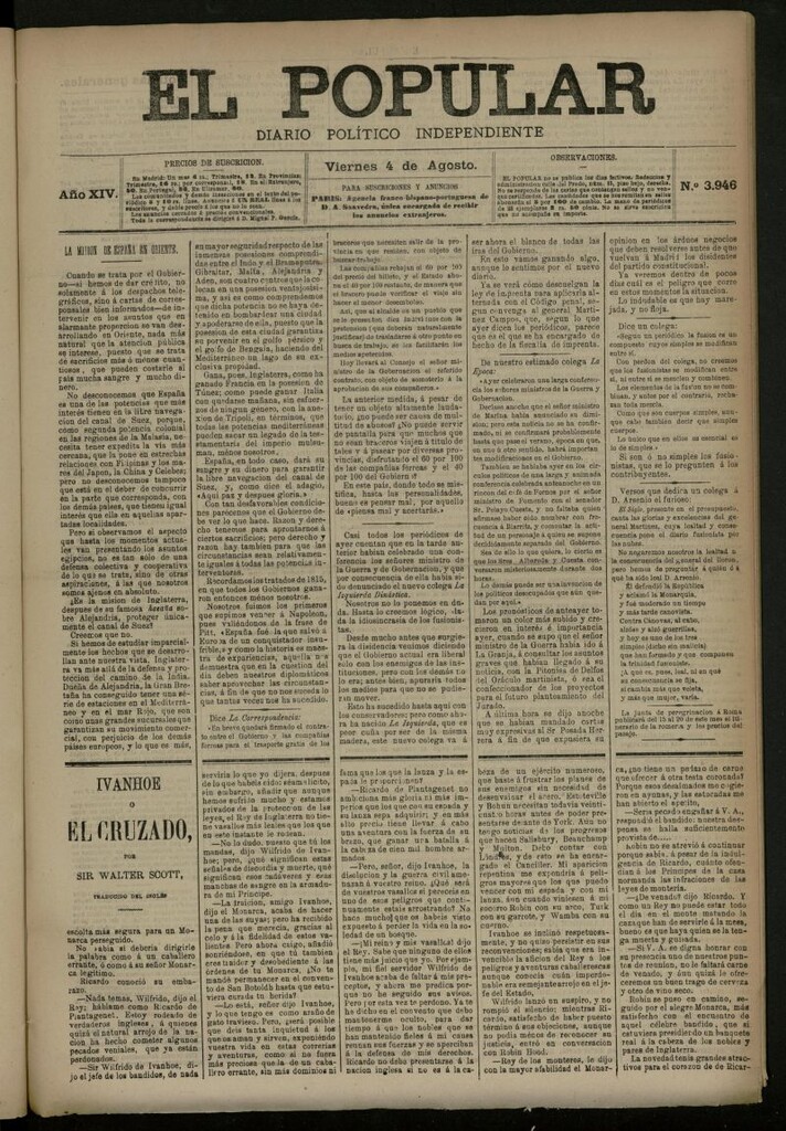 Miniatura de El Popular: diario independiente, político, literario y de noticias de interés general del 4 de agosto de 1882, nº 3946