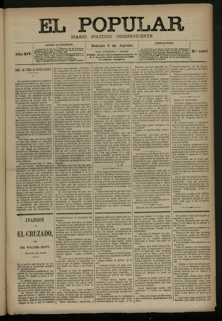 Miniatura de El Popular: diario independiente, político, literario y de noticias de interés general del 5 de agosto de 1882, nº 3947