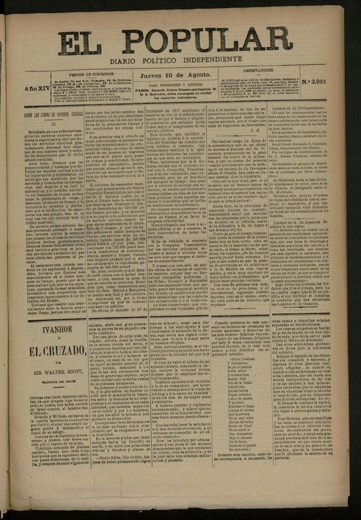 Miniatura de El Popular: diario independiente, político, literario y de noticias de interés general del 10 de agosto de 1882, nº 3951
