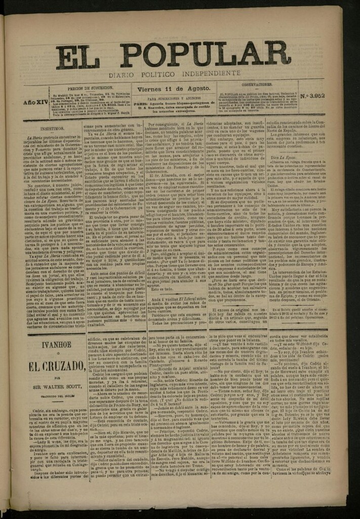 Miniatura de El Popular: diario independiente, político, literario y de noticias de interés general del 11 de agosto de 1882, nº 3952