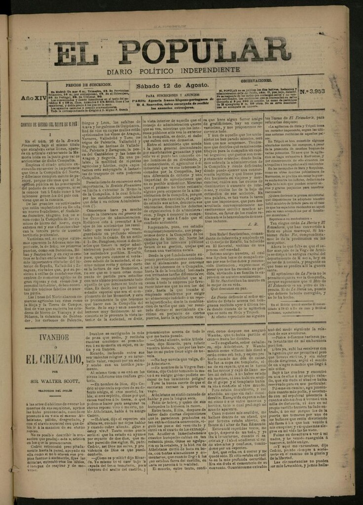 Miniatura de El Popular: diario independiente, político, literario y de noticias de interés general del 12 de agosto de 1882, nº 3953