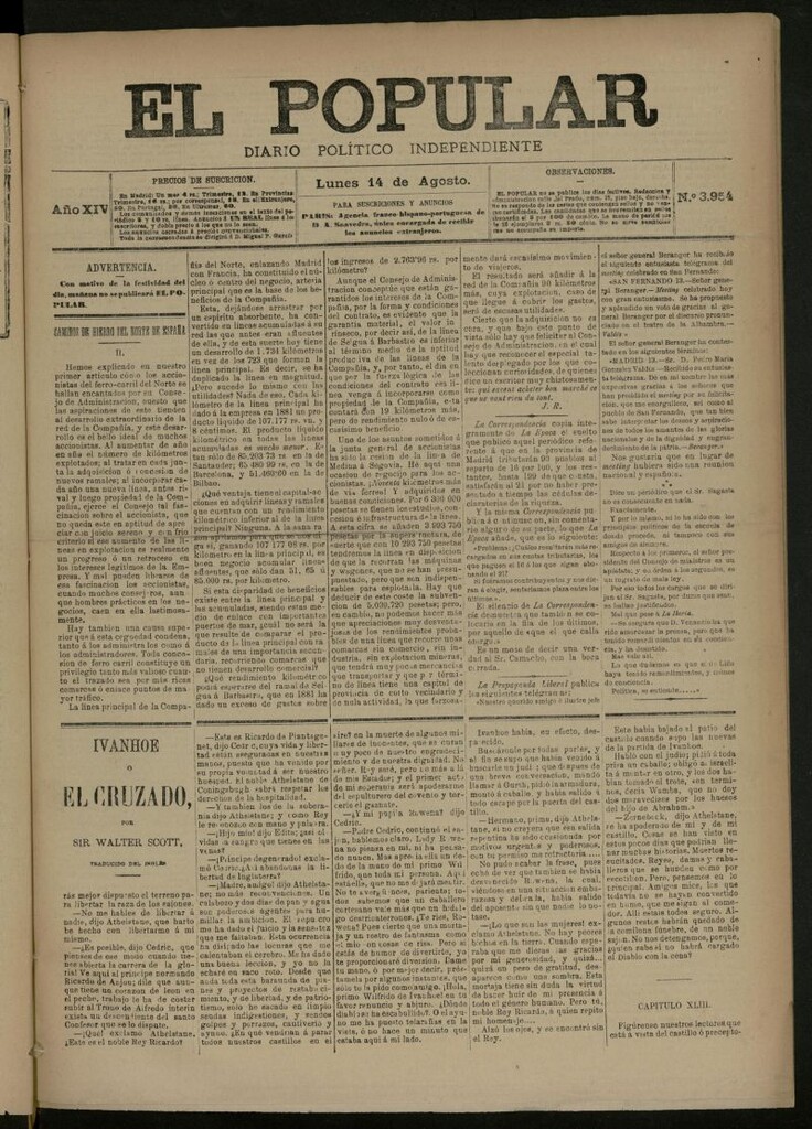 Miniatura de El Popular: diario independiente, político, literario y de noticias de interés general del 14 de agosto de 1882, nº 3954