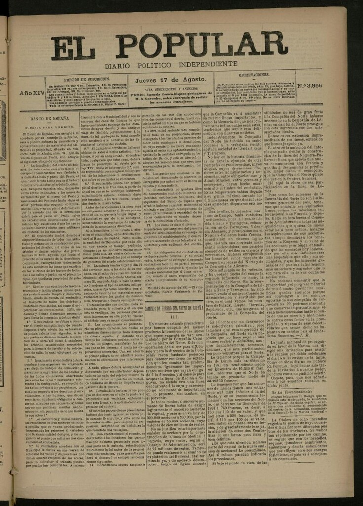 Miniatura de El Popular: diario independiente, político, literario y de noticias de interés general del 17 de agosto de 1882, nº 3956