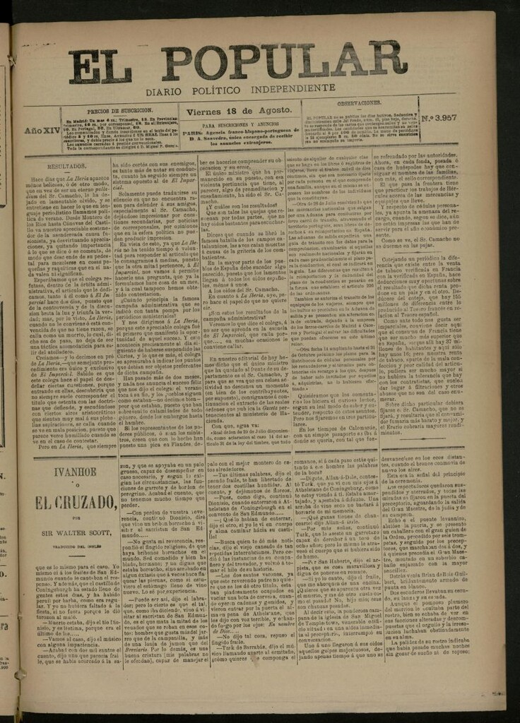 Miniatura de El Popular: diario independiente, político, literario y de noticias de interés general del 18 de agosto de 1882, nº 3957