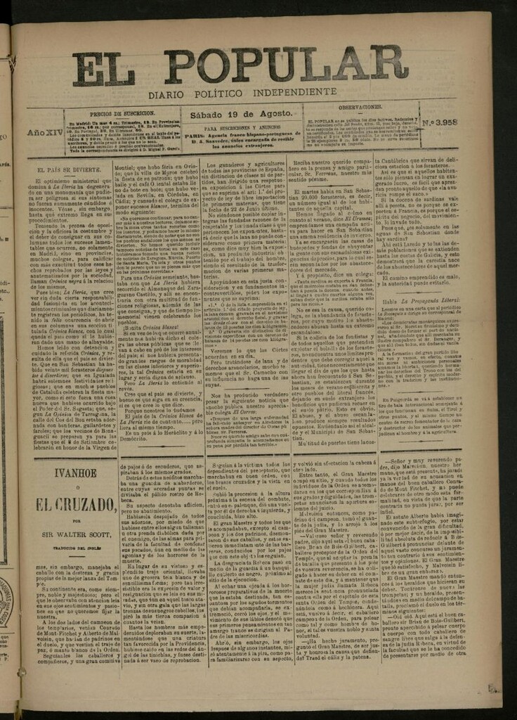 Miniatura de El Popular: diario independiente, político, literario y de noticias de interés general del 19 de agosto de 1882, nº 3958