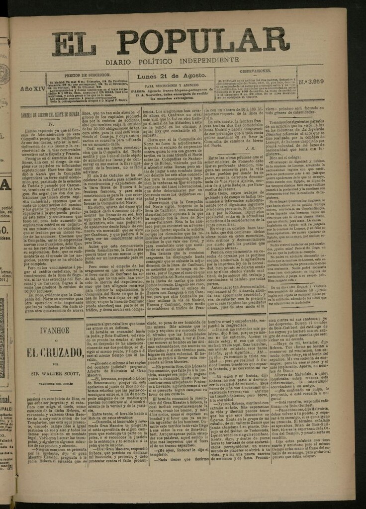 Miniatura de El Popular: diario independiente, político, literario y de noticias de interés general del 21 de agosto de 1882, nº 3959