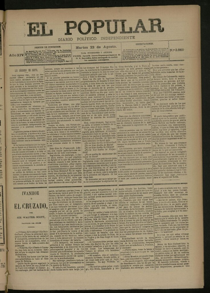 Miniatura de El Popular: diario independiente, político, literario y de noticias de interés general del 22 de agosto de 1882, nº 3960