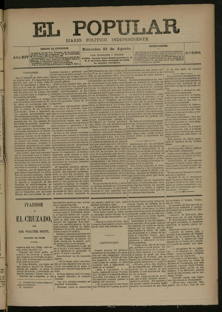 Miniatura de El Popular: diario independiente, político, literario y de noticias de interés general del 23 de agosto de 1882, nº 9604 [sic]