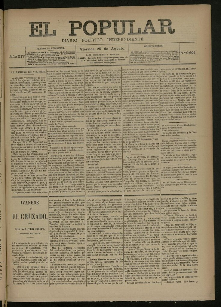 Miniatura de El Popular: diario independiente, político, literario y de noticias de interés general del 25 de agosto de 1882, nº 9606