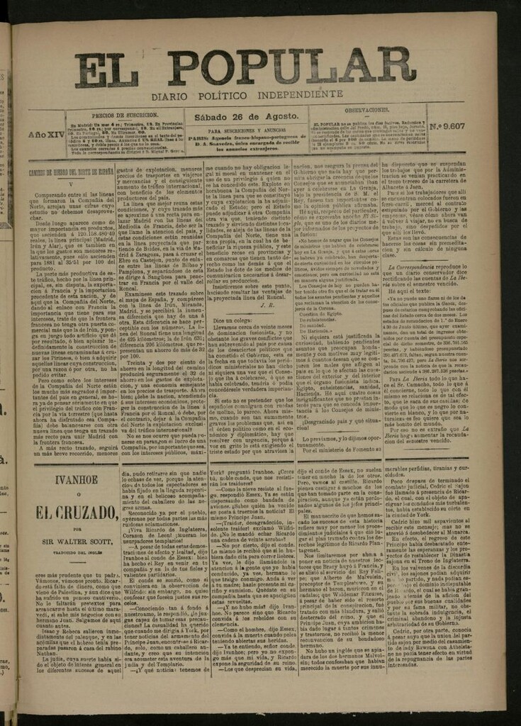 Miniatura de El Popular: diario independiente, político, literario y de noticias de interés general del 26 de agosto de 1882, nº 9607