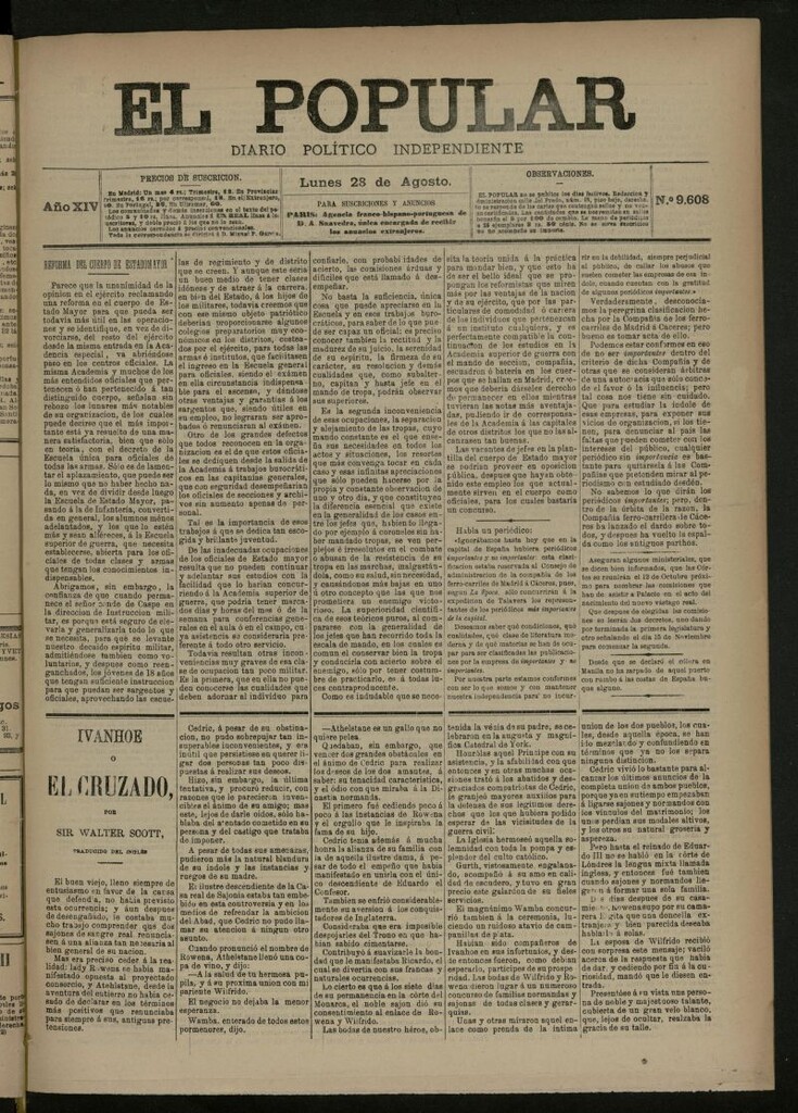 Miniatura de El Popular: diario independiente, político, literario y de noticias de interés general del 28 de agosto de 1882, nº 9608