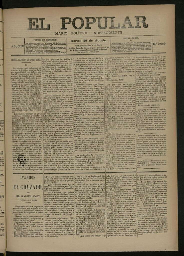 Miniatura de El Popular: diario independiente, político, literario y de noticias de interés general del 29 de agosto de 1882, nº 9609