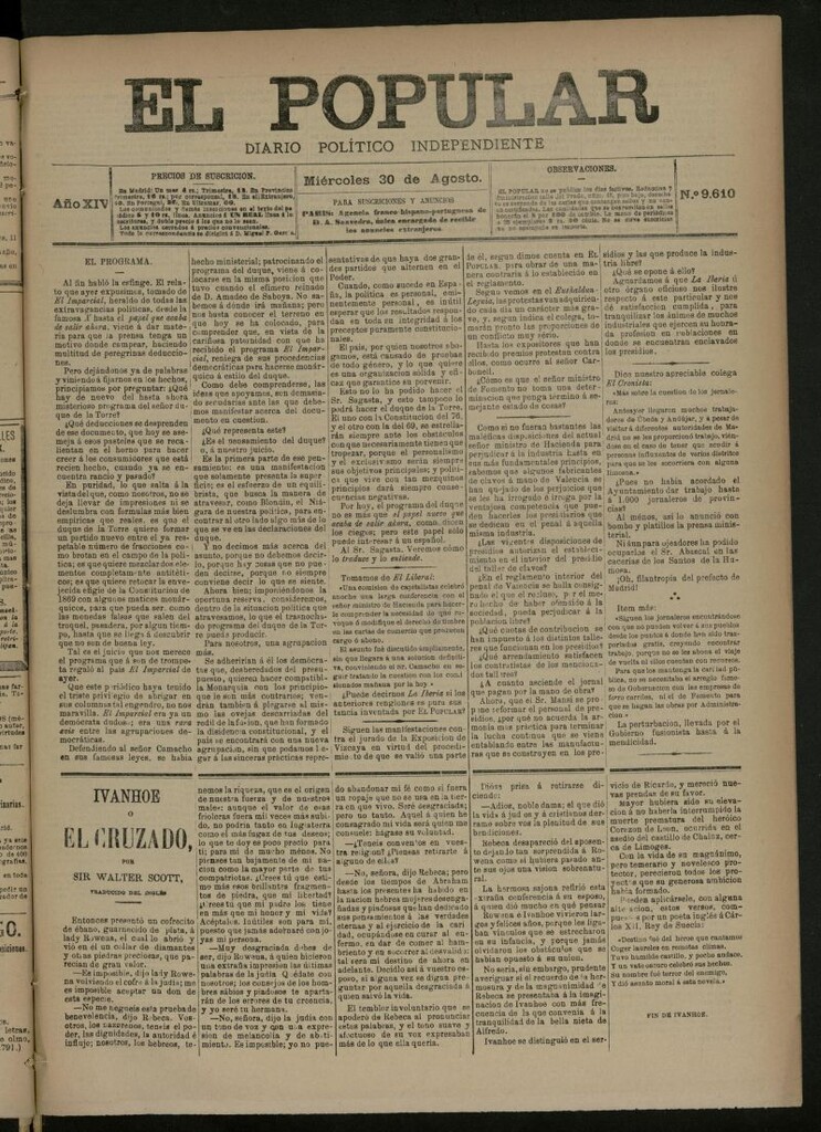 Miniatura de El Popular: diario independiente, político, literario y de noticias de interés general del 30 de agosto de 1882, nº 9610