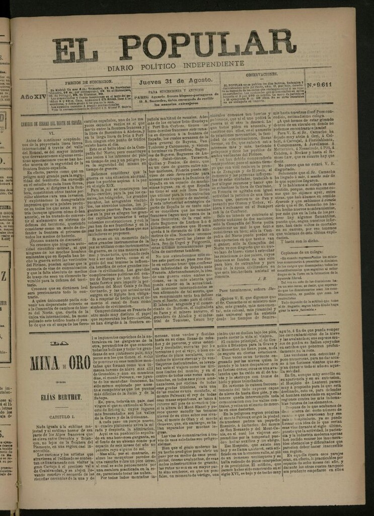 Miniatura de El Popular: diario independiente, político, literario y de noticias de interés general del 31 de agosto de 1882, nº 9611