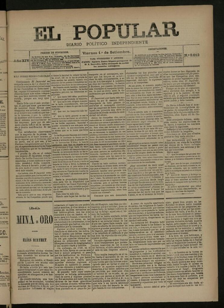 Miniatura de El Popular: diario independiente, político, literario y de noticias de interés general del 1 de septiembre de 1882, nº 9612