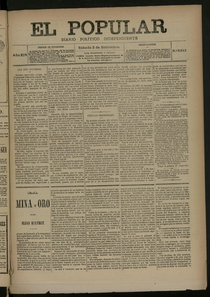 Miniatura de El Popular: diario independiente, político, literario y de noticias de interés general del 2 de septiembre de 1882, nº 9613