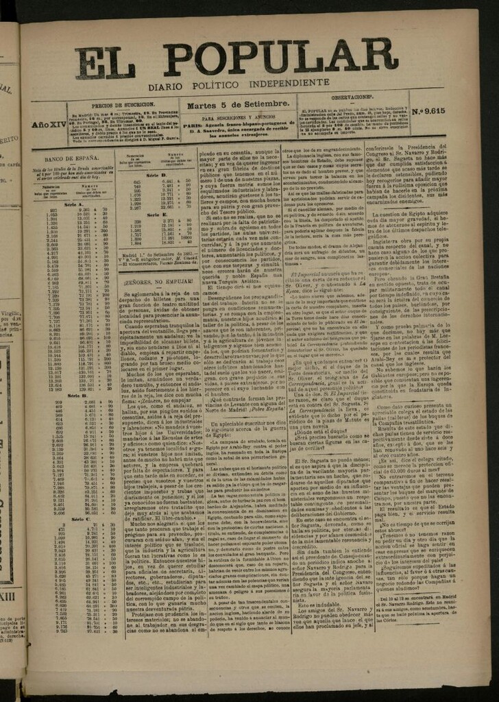 Miniatura de El Popular: diario independiente, político, literario y de noticias de interés general del 5 de septiembre de 1882, nº 9615