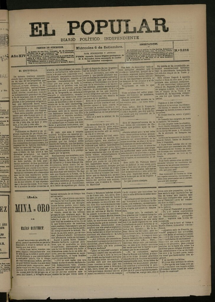 Miniatura de El Popular: diario independiente, político, literario y de noticias de interés general del 6 de septiembre de 1882, nº 9616