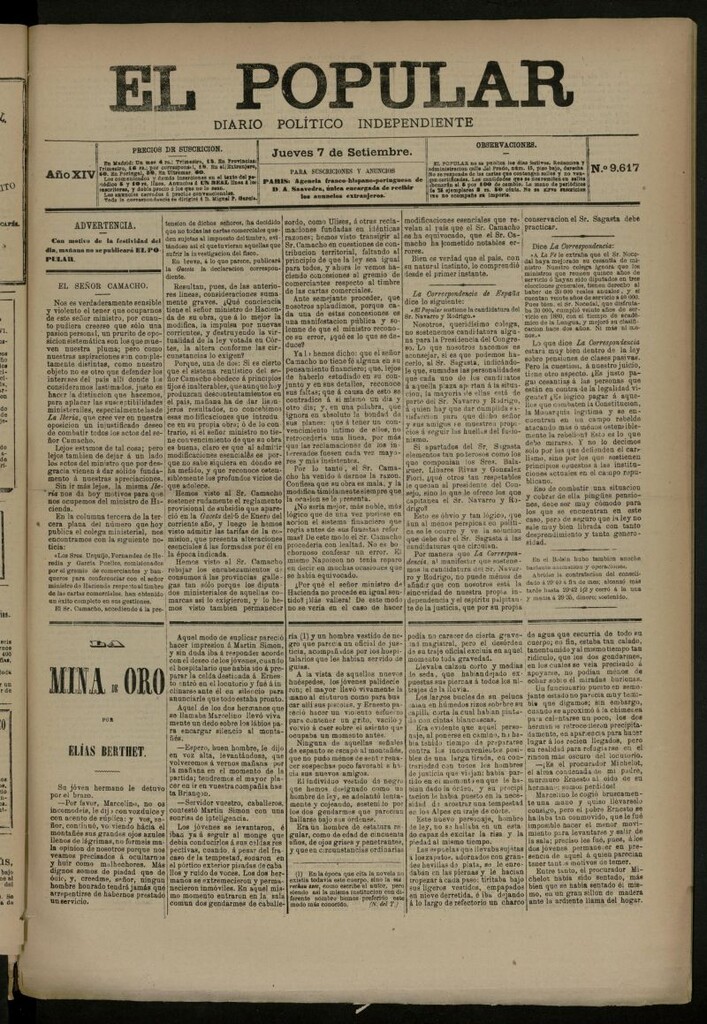Miniatura de El Popular: diario independiente, político, literario y de noticias de interés general del 7 de septiembre de 1882, nº 9617