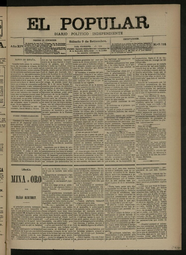 Miniatura de El Popular: diario independiente, político, literario y de noticias de interés general del 9 de septiembre de 1882, nº 9618