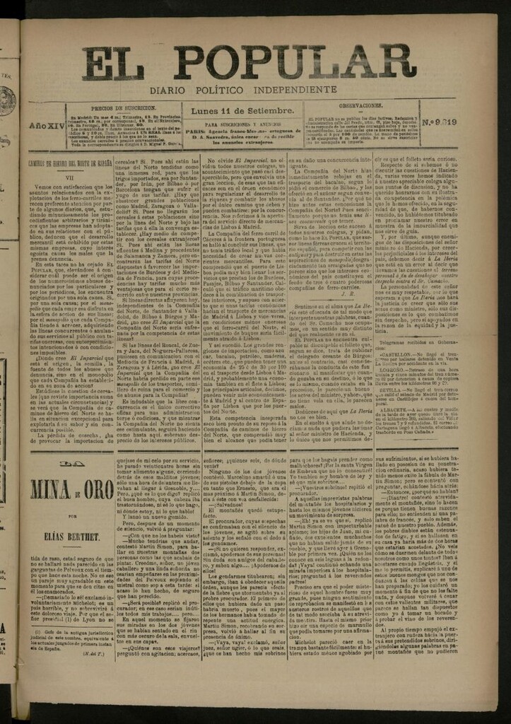Miniatura de El Popular: diario independiente, político, literario y de noticias de interés general del 11 de septiembre de 1882, nº 9619