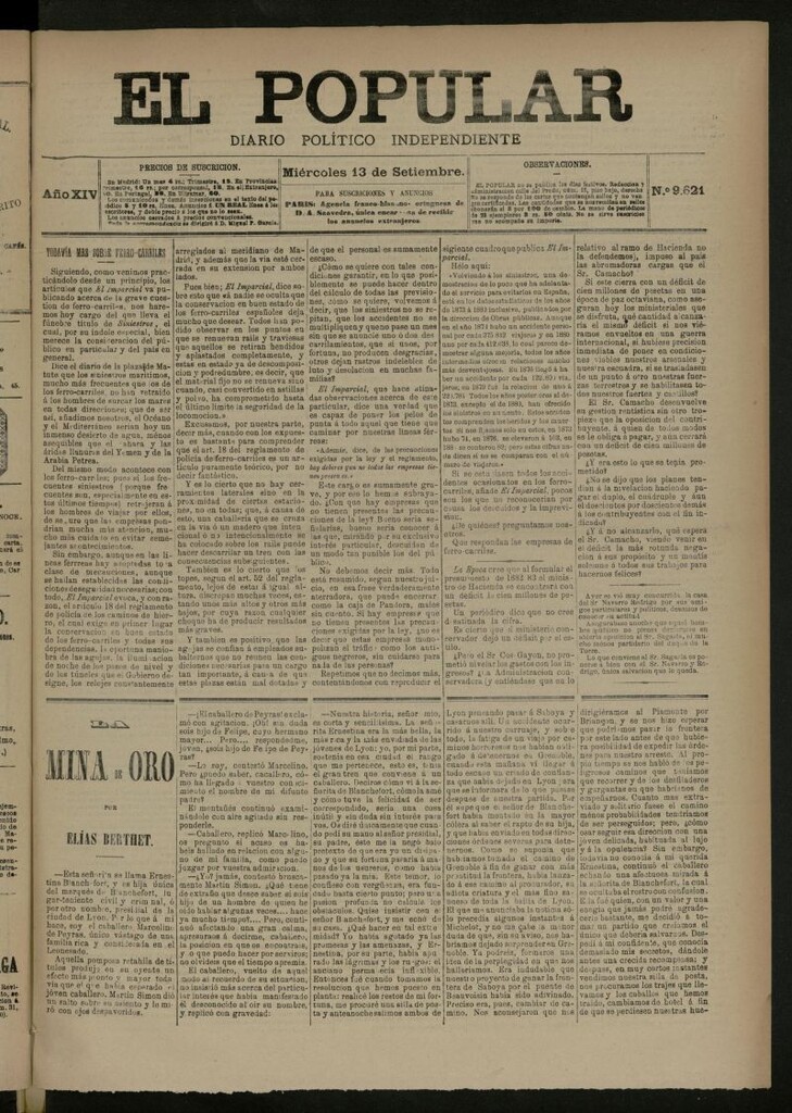 Miniatura de El Popular: diario independiente, político, literario y de noticias de interés general del 13 de septiembre de 1882, nº 9621