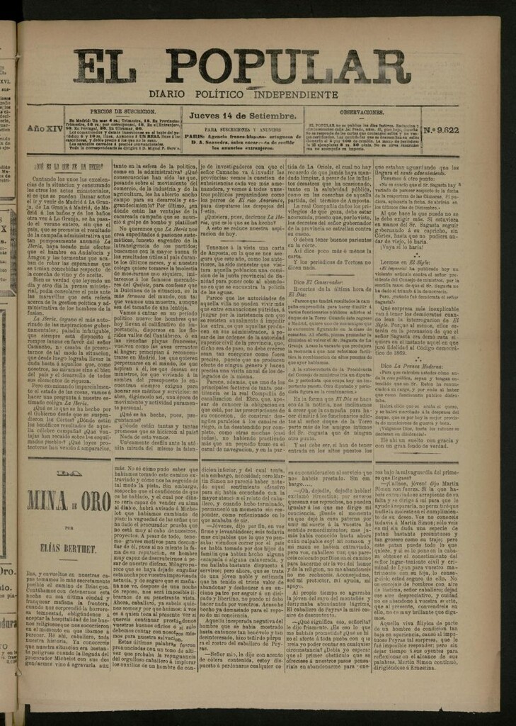 Miniatura de El Popular: diario independiente, político, literario y de noticias de interés general del 14 de septiembre de 1882, nº 9622
