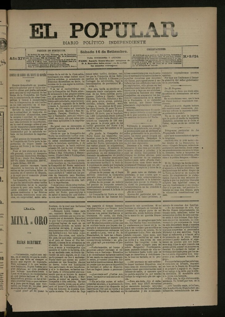 Miniatura de El Popular: diario independiente, político, literario y de noticias de interés general del 16 de septiembre de 1882, nº 9624